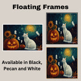 Halloween Cat Art – White Kitty, Glowing Pumpkin, Flying Ghosts, and Sunflowers Under a Van Gogh-Inspired Night Sky on Ready to Hang 1.5" Thick Canvas Wrap, Floating Framed Canvas, Flat Rolled Canvas