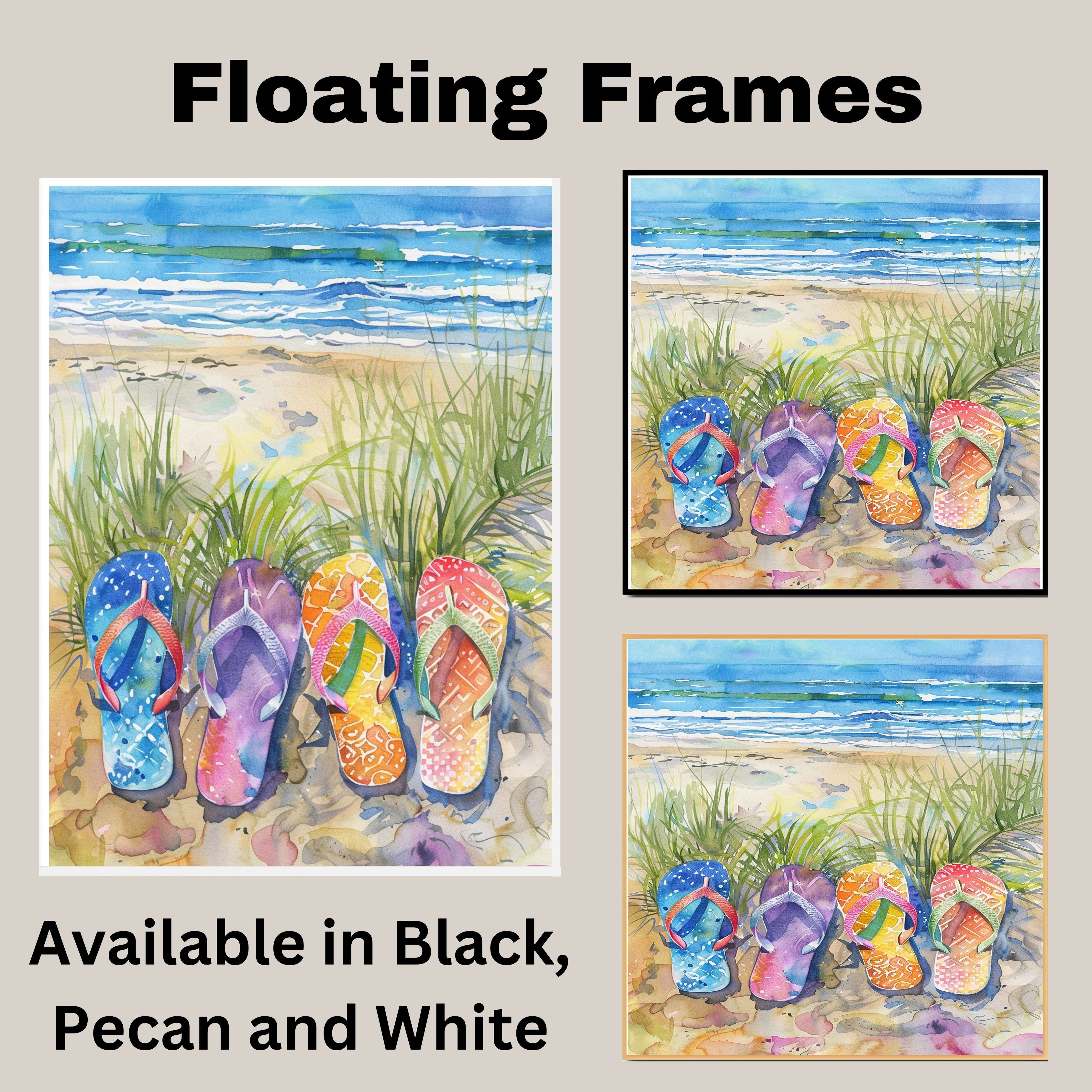 Four Colorful Flip Flops in Beach Grass by Ocean Shore in Vibrant Watercolor Summer Coastal Illustration on Ready to Hang 1.5" Thick Canvas Wrap, Floating Framed Canvas, Flat Rolled Canvas
