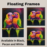 Vivid Lovebird Pair Artwork Featuring Rainbow Feathers in Purple Green Yellow and Orange on a Branch Against a Deep Dark Background with Artistic Flair on Ready to Hang 1.5" Thick Canvas Wrap, Floating Framed Canvas, Flat Rolled Canvas