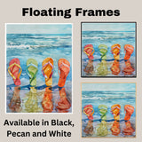 Vibrant Flip Flops on Wet Sand with Ocean Waves and Reflections in Watercolor Summer Beach Painting Illustration on Ready to Hang 1.5" Thick Canvas Wrap, Floating Framed Canvas, Flat Rolled Canvas