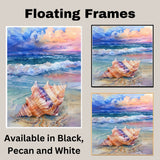 Watercolor Painting of a Multicolored Seashell on the Beach with Ocean Waves and Vibrant Sunset Sky in Coastal Style on Ready to Hang 1.5" Thick Canvas Wrap, Floating Framed Canvas, Flat Rolled Canvas