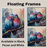 Two Colorful Pigeons Sitting Together on a Branch with Iridescent Feathers in Soft Pastel Background Highlighting Their Unique Plumage and Companionship on Ready to Hang 1.5" Thick Canvas Wrap, Floating Framed Canvas, Flat Rolled Canvas