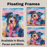Watercolor Painting of a Multicolored Dog at Sunset – Calm Coastal Pet Portrait Art Print for Beach and Dog Lovers on Ready to Hang 1.5" Thick Canvas Wrap, Floating Framed Canvas, Flat Rolled Canvas