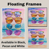 Watercolor Art of Five Sunglasses with Beach Reflections Featuring Palms Waves and Sunset in Tropical Summer Colors on Ready to Hang 1.5" Thick Canvas Wrap, Floating Framed Canvas, Flat Rolled Canvas