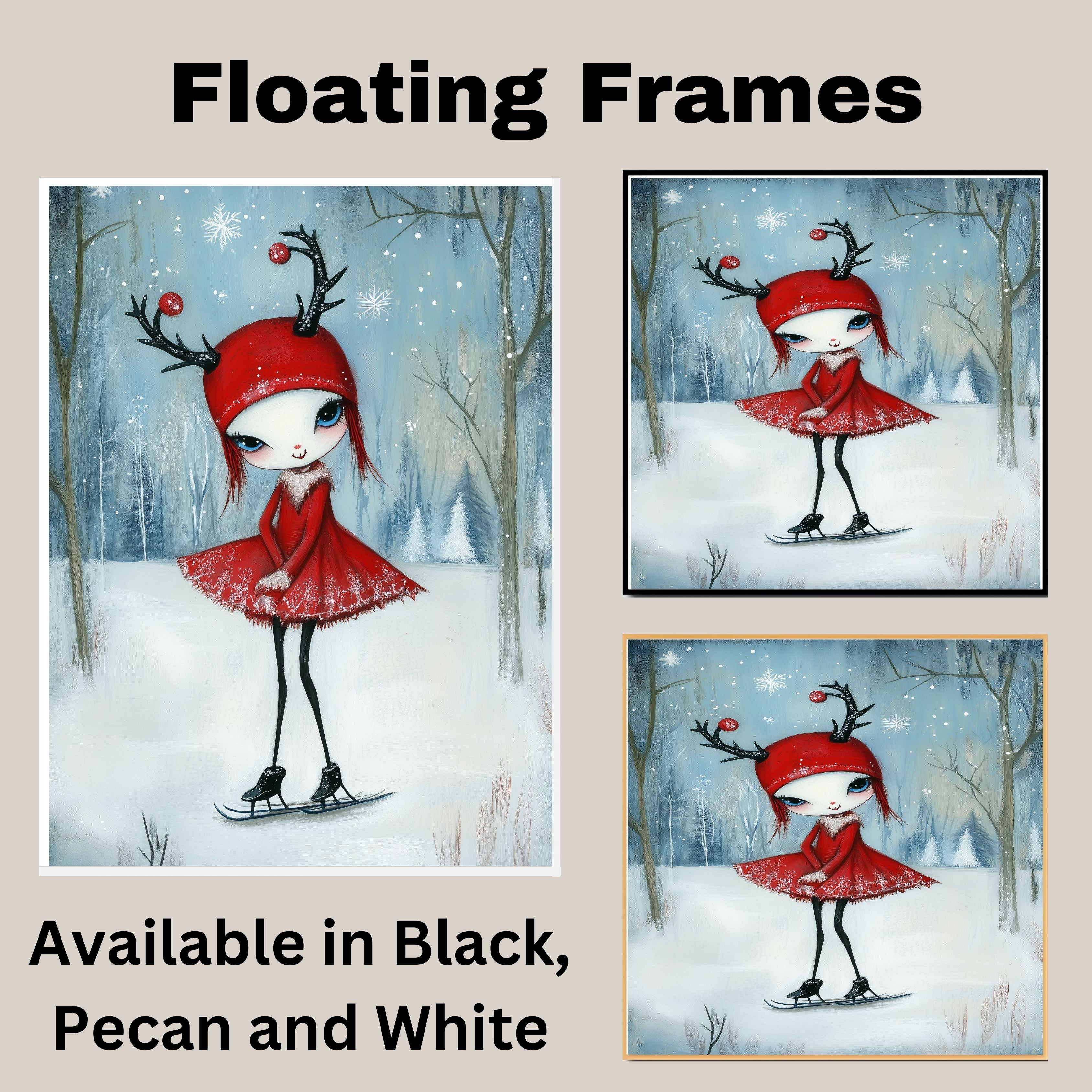 Whimsical Christmas Girl Ice Skating in Red Antler Hat and Dress Cute Fantasy Winter Art Print or Canvas for Holiday Decor and Collectors on Ready to Hang 1.5" Thick Canvas Wrap, Floating Framed Canvas, Flat Rolled Canvas