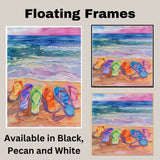 Watercolor Art of Six Vibrant Flip-Flops on Sandy Beach with Ocean Waves and Colorful Sunset Sky in Coastal Summer Style on Ready to Hang 1.5" Thick Canvas Wrap, Floating Framed Canvas, Flat Rolled Canvas