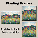 Peaceful Folk Art Canvas – Colorful Village Houses and Wildflowers on Rolling Hills Under Blue Sky on Ready to Hang 1.5" Thick Canvas Wrap, Floating Framed Canvas, Flat Rolled Canvas