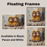 Delightful Painting of Two Monkeys in Yellow Hooded Jackets Sitting Side by Side with Big Eyes and Happy Expressions on a Soft Bed with Blue Pillows on Ready to Hang 1.5" Thick Canvas Wrap, Floating Framed Canvas, Flat Rolled Canvas