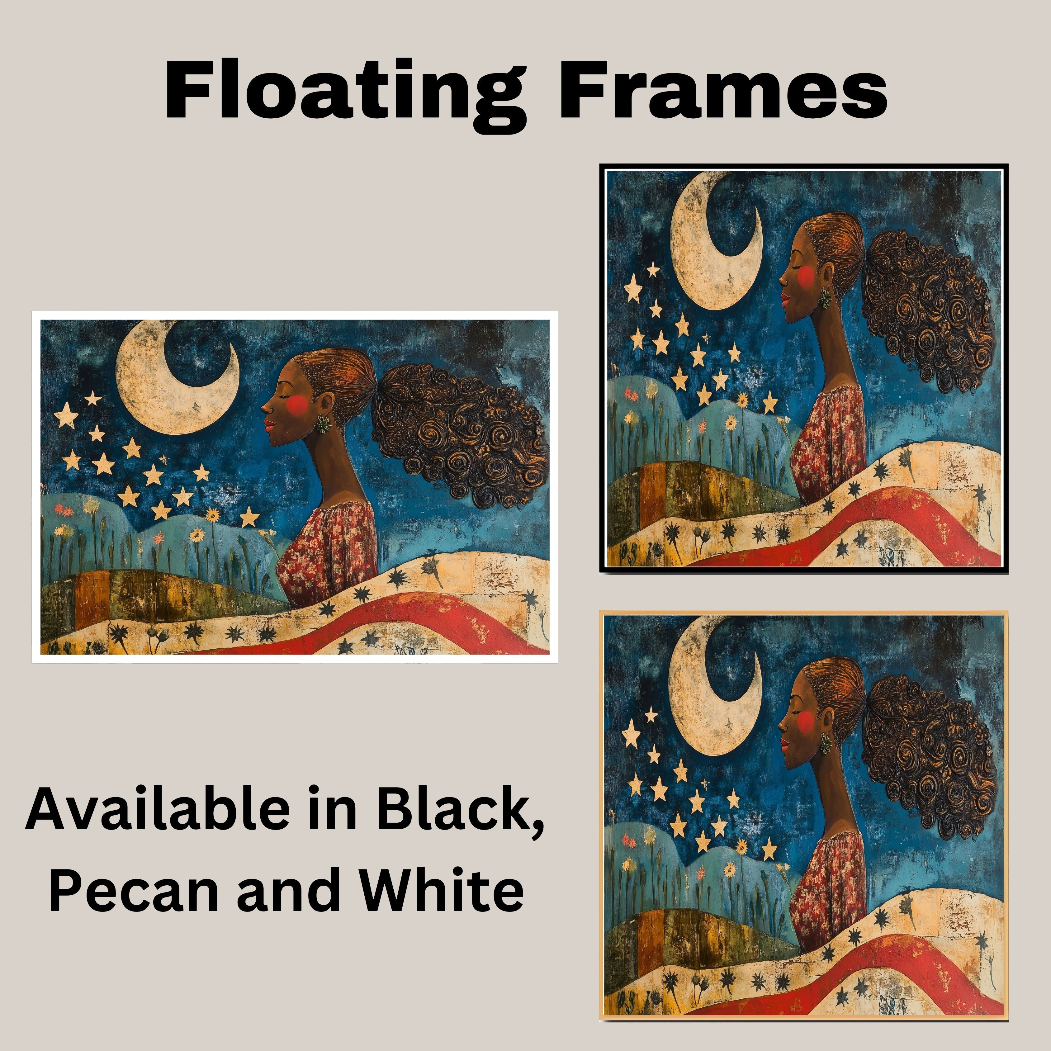 Powerful Woman Under Crescent Moon and Stars with Patriotic Motif, Folk Art Style 4th of July Scene Celebrating Strength, Nature, and Freedom on Ready to Hang 1.5" Thick Canvas Wrap, Floating Framed Canvas, Flat Rolled Canvas
