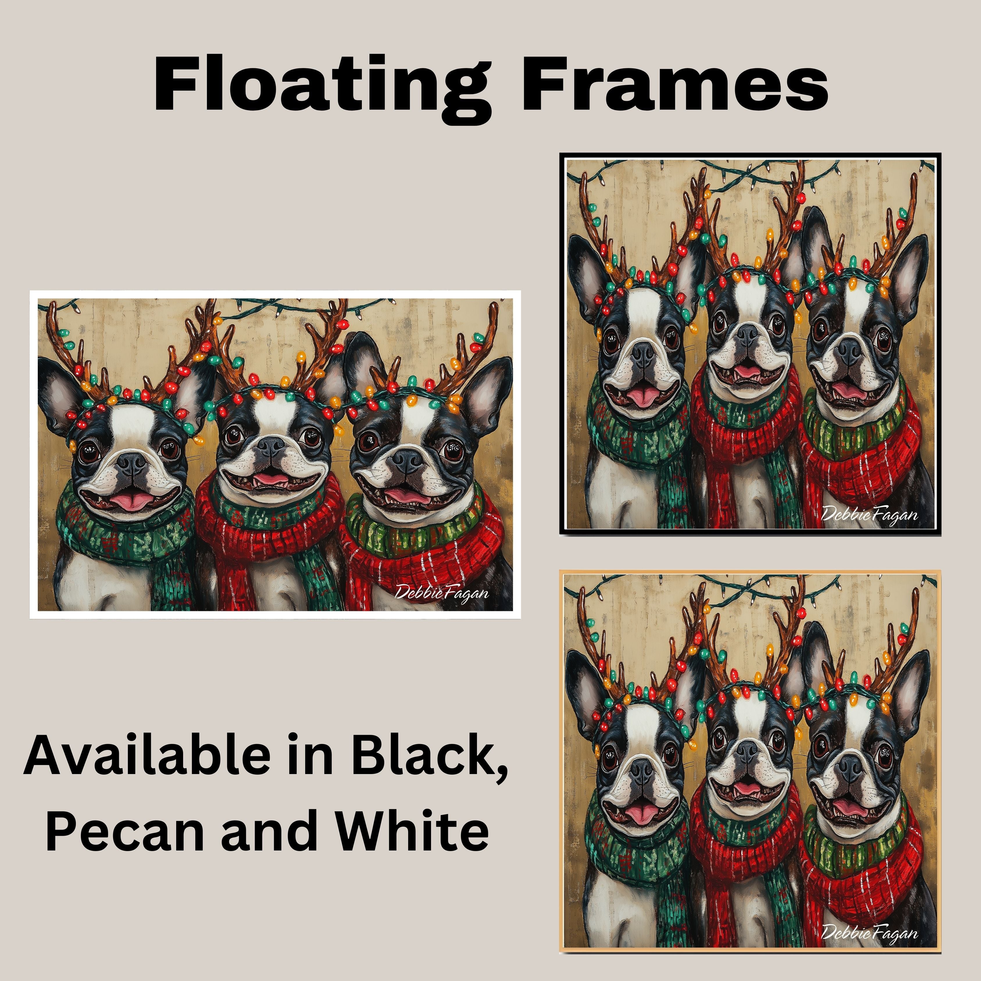 "Festive Frenchies" - Portraits of Adorable French Buldogs in Colorful Bulb Antlers & Cozy Scarves on Ready to Hang 1.5" Thick Canvas Wrap, Floating Framed Canvas, Flat Rolled Canvas