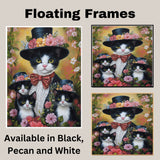 Victorian Grace: Tuxedo Cat Mom Carrying Three Kittens in a Floral Ensemble on Ready to Hang 1.5" Thick Canvas Wrap, Floating Framed Canvas, Flat Rolled Canvas