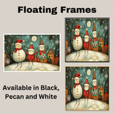 Christmas Folk Art with Three Joyful Snowmen, Falling Snowflakes, Festive Hats, and a Cheerful Winter Village on Ready to Hang 1.5" Thick Canvas Wrap, Floating Framed Canvas, Flat Rolled Canvas