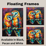 Expressive Barn Owl Pair Artwork Featuring Vibrant Brushstroke Colors in Orange Blue and Pink Perched on a Branch with Bold Abstract Purple Background on Ready to Hang 1.5" Thick Canvas Wrap, Floating Framed Canvas, Flat Rolled Canvas