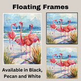 Vibrant Flamingos on Beach with Ocean Waves and Coastal Grasses in Watercolor Seaside Illustration on Ready to Hang 1.5" Thick Canvas Wrap, Floating Framed Canvas, Flat Rolled Canvas