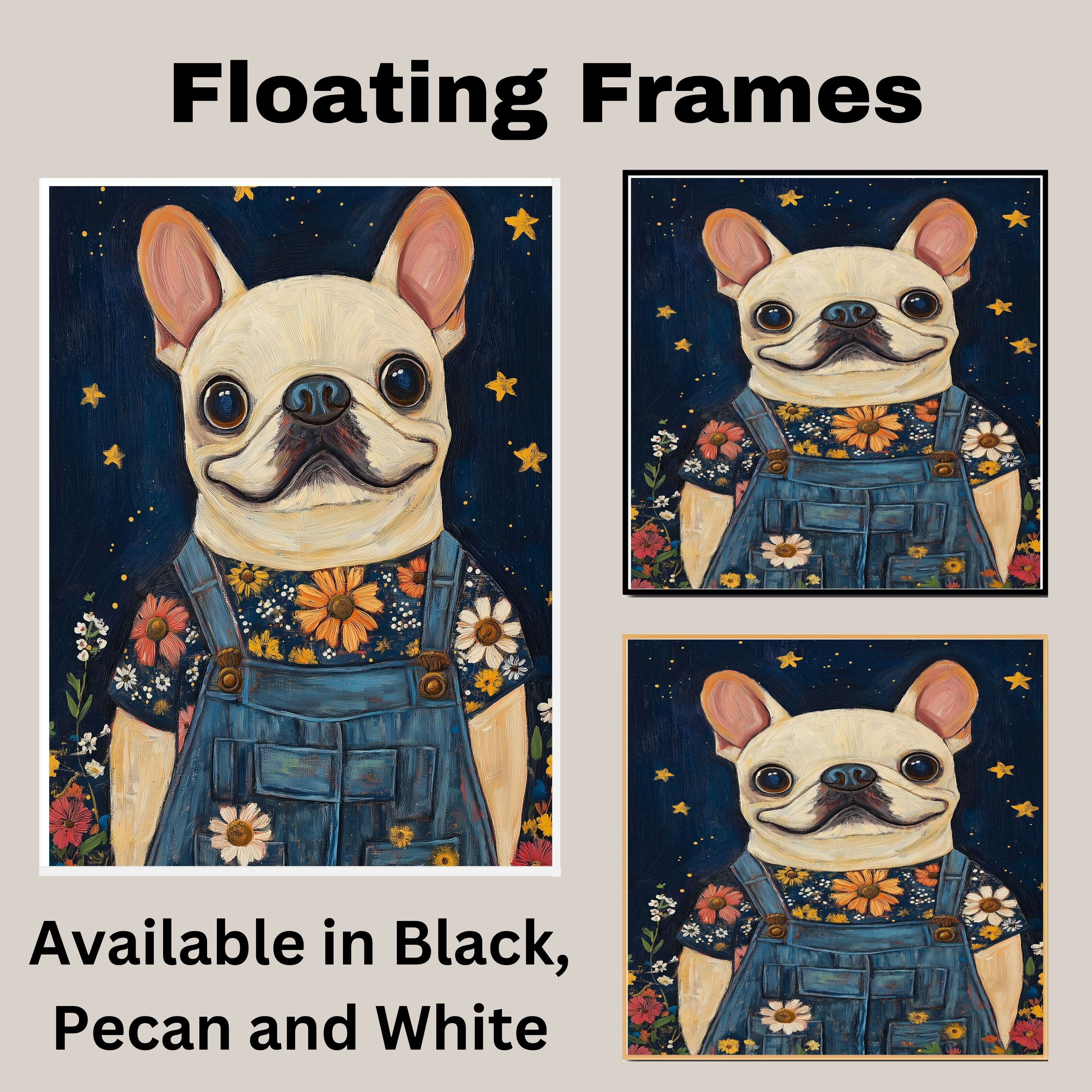 French Bulldog in Denim Overalls and Floral Shirt Dog Art for Nursery Farmhouse Bedroom Living Room Dog Lover Gift Whimsical Animal Decor on Ready to Hang 1.5" Thick Canvas Wrap, Floating Framed Canvas, Flat Rolled Canvas