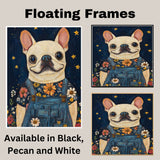 French Bulldog in Denim Overalls and Floral Shirt Dog Art for Nursery Farmhouse Bedroom Living Room Dog Lover Gift Whimsical Animal Decor on Ready to Hang 1.5" Thick Canvas Wrap, Floating Framed Canvas, Flat Rolled Canvas
