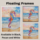 Watercolor Painting of a Vibrant Seahorse on the Shore with Ocean Waves and a Soft Sunset Sky on Ready to Hang 1.5" Thick Canvas Wrap, Floating Framed Canvas, Flat Rolled Canvas