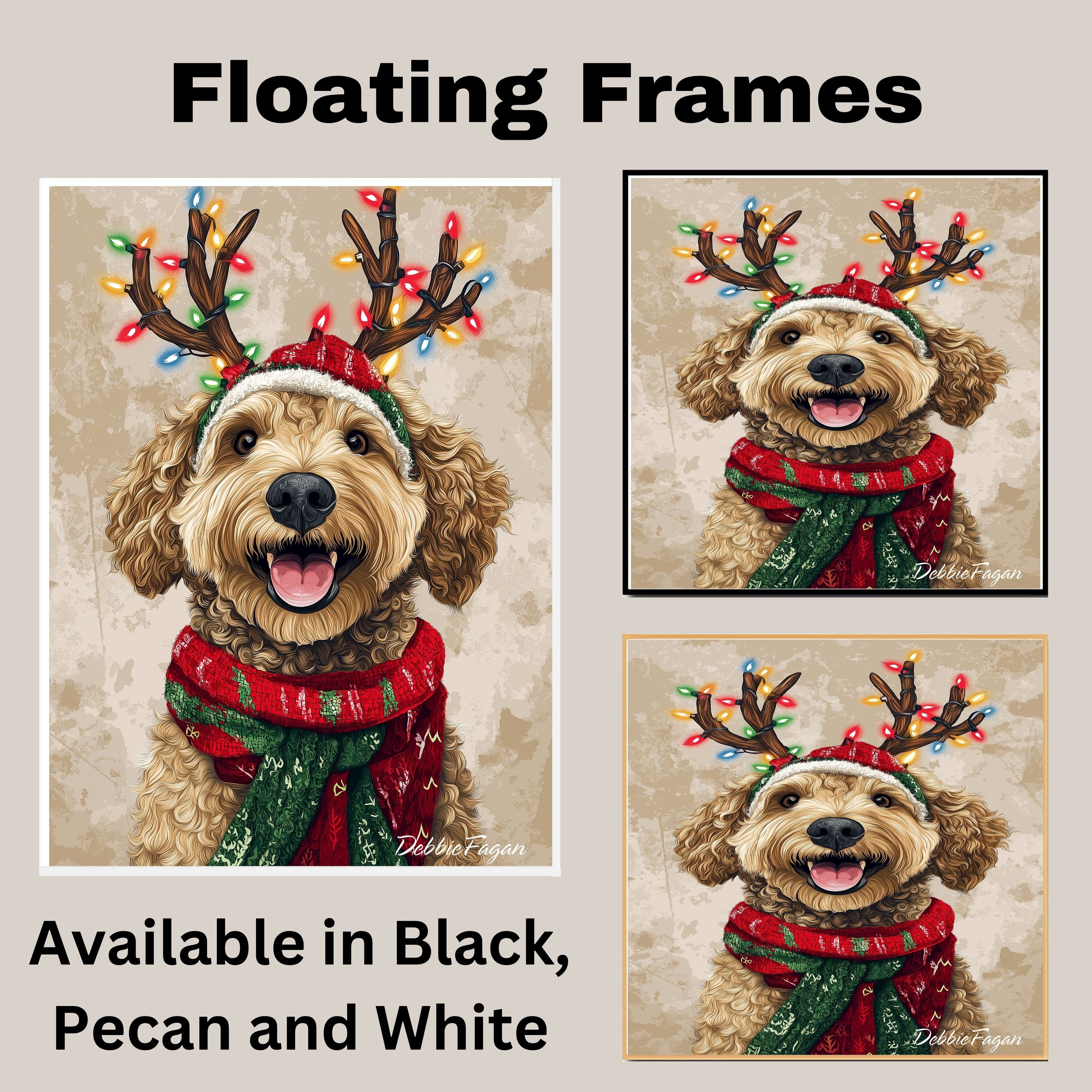 'Rustic Glow' - Bernedoodle Dog with Twinkling Antlers & Holiday Scarf on Rustic Background, Ready to Hang 1.5" Thick Canvas Wrap, Floating Framed Canvas, Flat Rolled Canvas