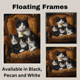 Victorian Elegance: Tuxedo Cat Mom with Four Kittens on a European Style Couch on Ready to Hang 1.5" Thick Canvas Wrap, Floating Framed Canvas, Flat Rolled Canvas