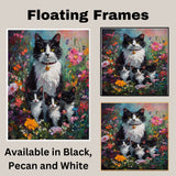 Springtime Blossoms: Tuxedo Cat Mom and Three Kittens in a Floral Wonderland on Ready to Hang 1.5" Thick Canvas Wrap, Floating Framed Canvas, Flat Rolled Canvas