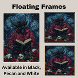 Dark Surreal Art of Horned Devil Figure in Red Hoodie Reading a Book, Surrounded by Skulls, Roses, and Starry Swirling Sky in Gothic Fantasy Style on Ready to Hang 1.5" Thick Canvas Wrap, Floating Framed Canvas, Flat Rolled Canvas