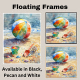 Watercolor Painting of Beach Ball Green Bucket Shells and Red Shovel on Colorful Sandy Shore by Ocean with Dramatic Sky on Ready to Hang 1.5" Thick Canvas Wrap, Floating Framed Canvas, Flat Rolled Canvas