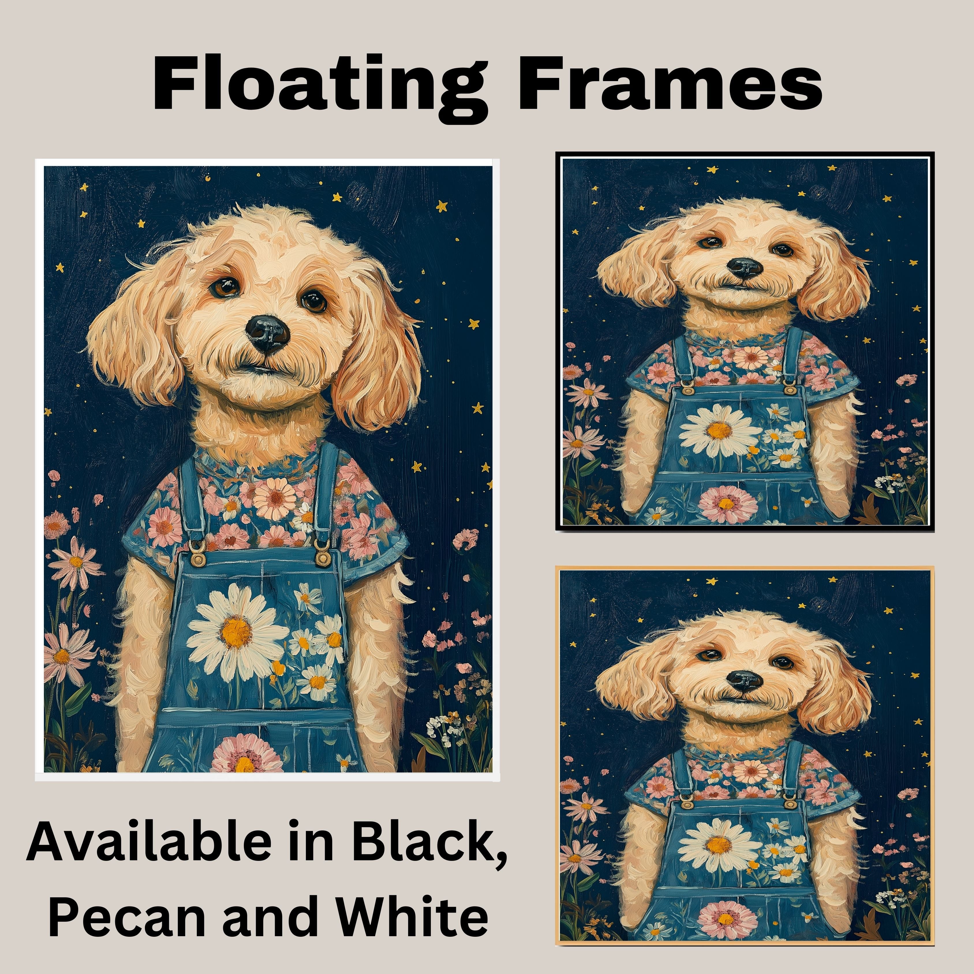 Charming Dog in Overalls with Floral Shirt Whimsical Animal Art for Nursery Rustic Farmhouse Decor Cute Dog Lover Gift Wall Print for Bedroom or Living Room on Ready to Hang 1.5" Thick Canvas Wrap, Floating Framed Canvas, Flat Rolled Canvas