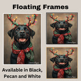 "Rustic Antlers" - Black Labrador Dog with Christmas Lights & Cozy Scarf on Rustic Background, Ready to Hang 1.5" Thick Canvas Wrap, Floating Framed Canvas, Flat Rolled Canvas