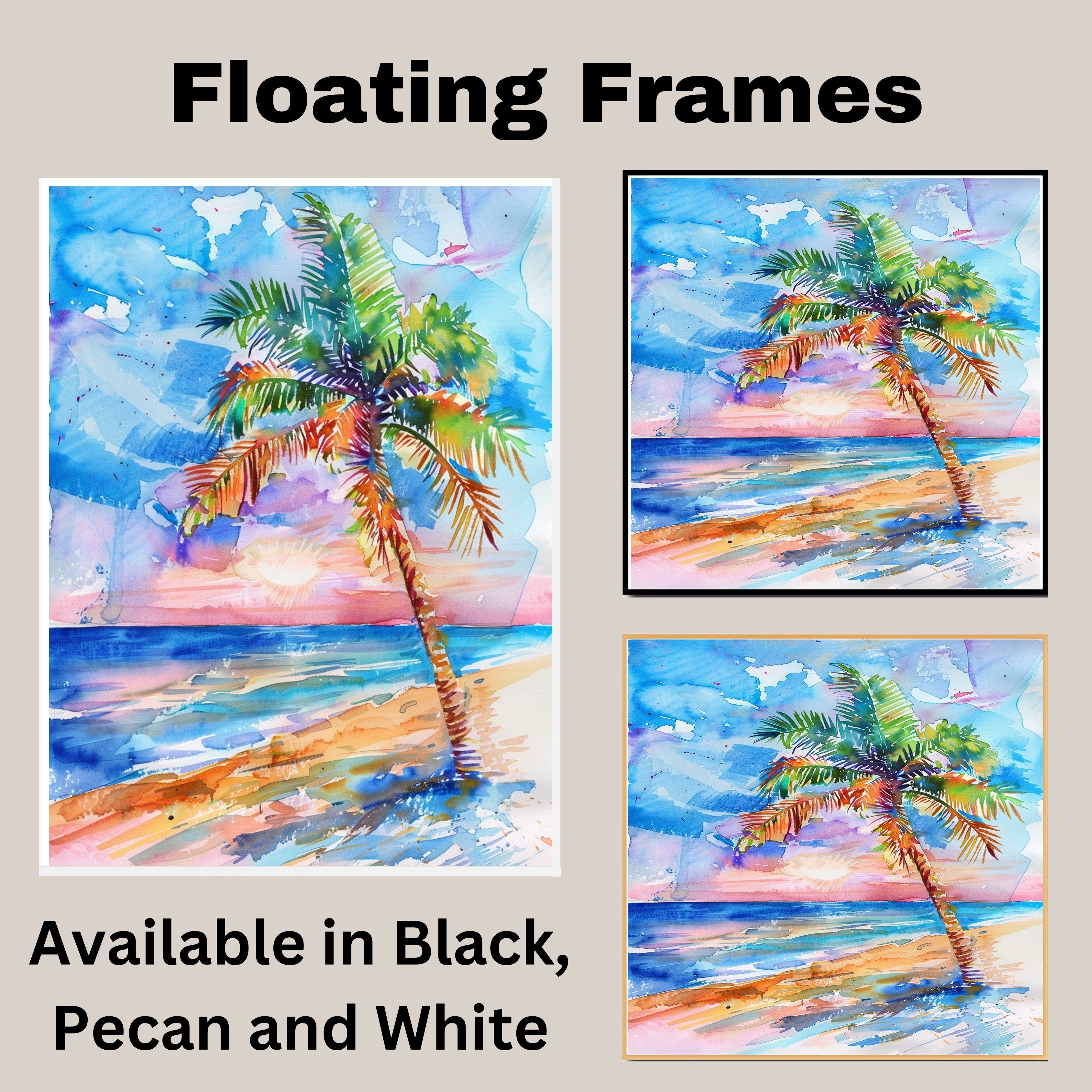 Colorful Palm Tree at Sunset by the Ocean Watercolor Painting Beach Scene on Ready to Hang 1.5" Thick Canvas Wrap, Floating Framed Canvas, Flat Rolled Canvas