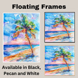 Colorful Palm Tree at Sunset by the Ocean Watercolor Painting Beach Scene on Ready to Hang 1.5" Thick Canvas Wrap, Floating Framed Canvas, Flat Rolled Canvas