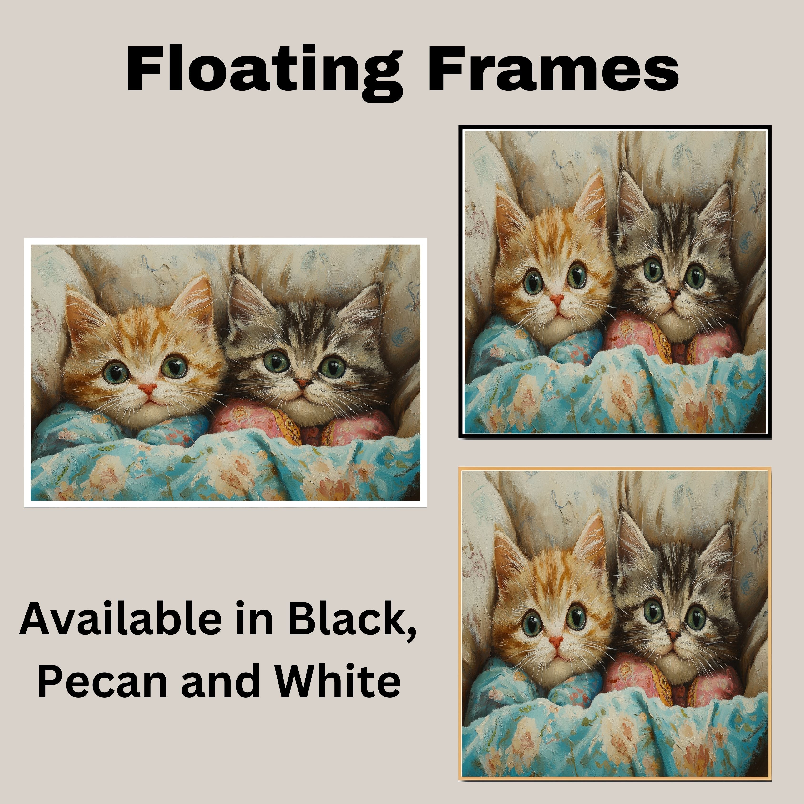 Painting of Two Cute Kittens Snuggled in Colorful Floral Blankets with Big Eyes and Soft Fur in a Cozy Bed Surrounded by Pillows in a Warm Whimsical Setting on Ready to Hang 1.5" Thick Canvas Wrap, Floating Framed Canvas, Flat Rolled Canvas