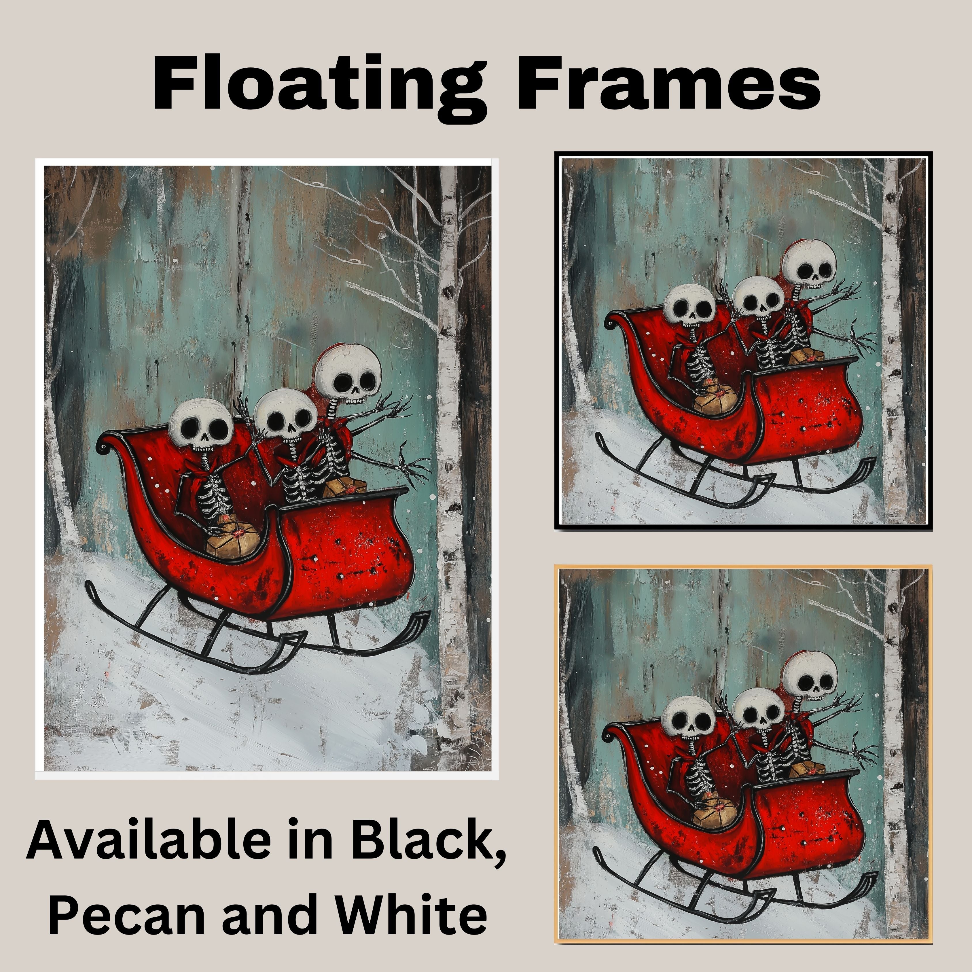 Whimsical Skeleton Sleigh Ride Christmas Print – Gothic Holiday Wall Art with Skeleton Friends in Red Sleigh, Spooky Winter Decor, Quirky Festive Illustration on Ready to Hang 1.5" Thick Canvas Wrap, Floating Framed Canvas, Flat Rolled Canvas