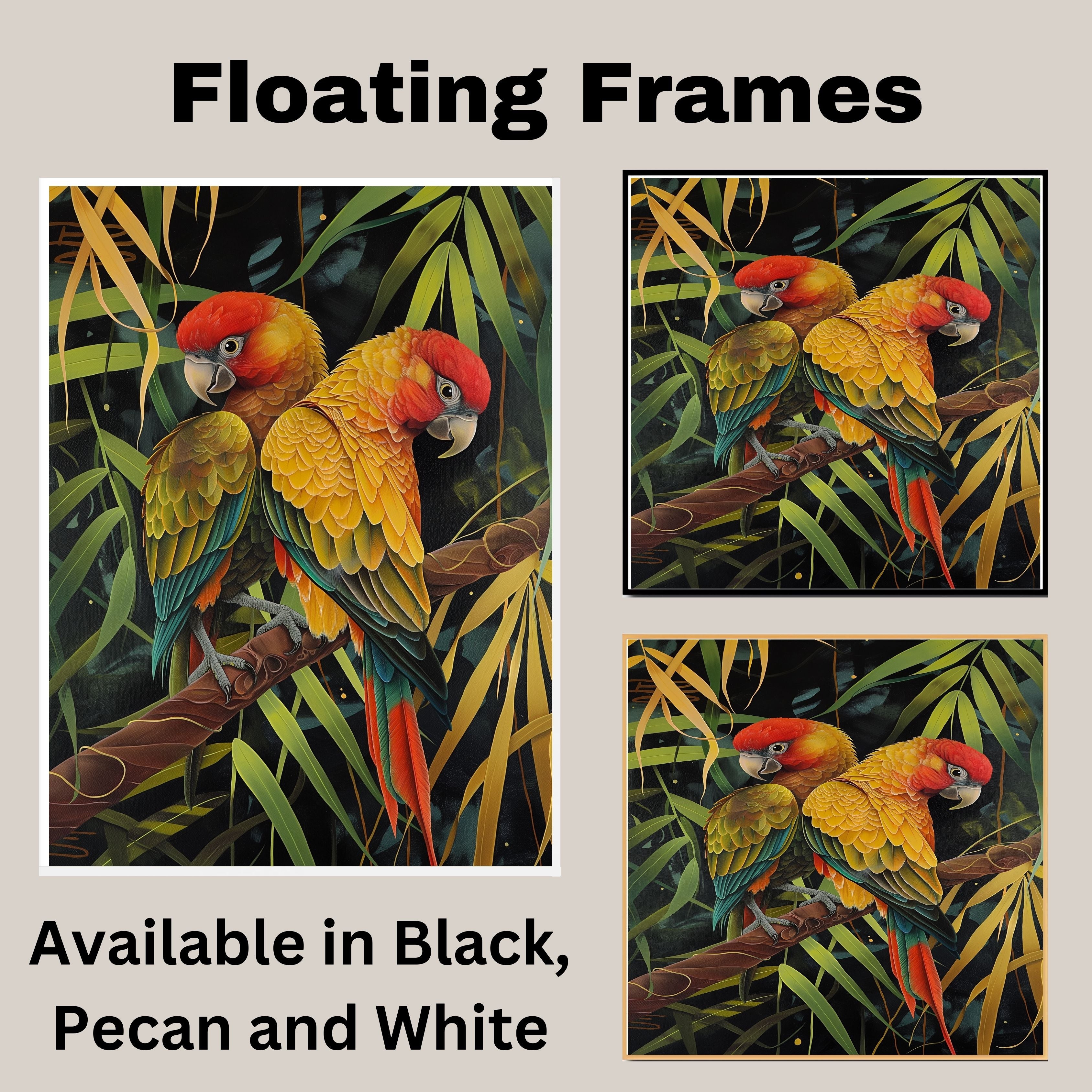 Jungle Parrot Pair Artwork Featuring Red and Yellow Feathers with Green Wings Perched on a Branch in a Lush Tropical Setting with Stylized Foliage on Ready to Hang 1.5" Thick Canvas Wrap, Floating Framed Canvas, Flat Rolled Canvas