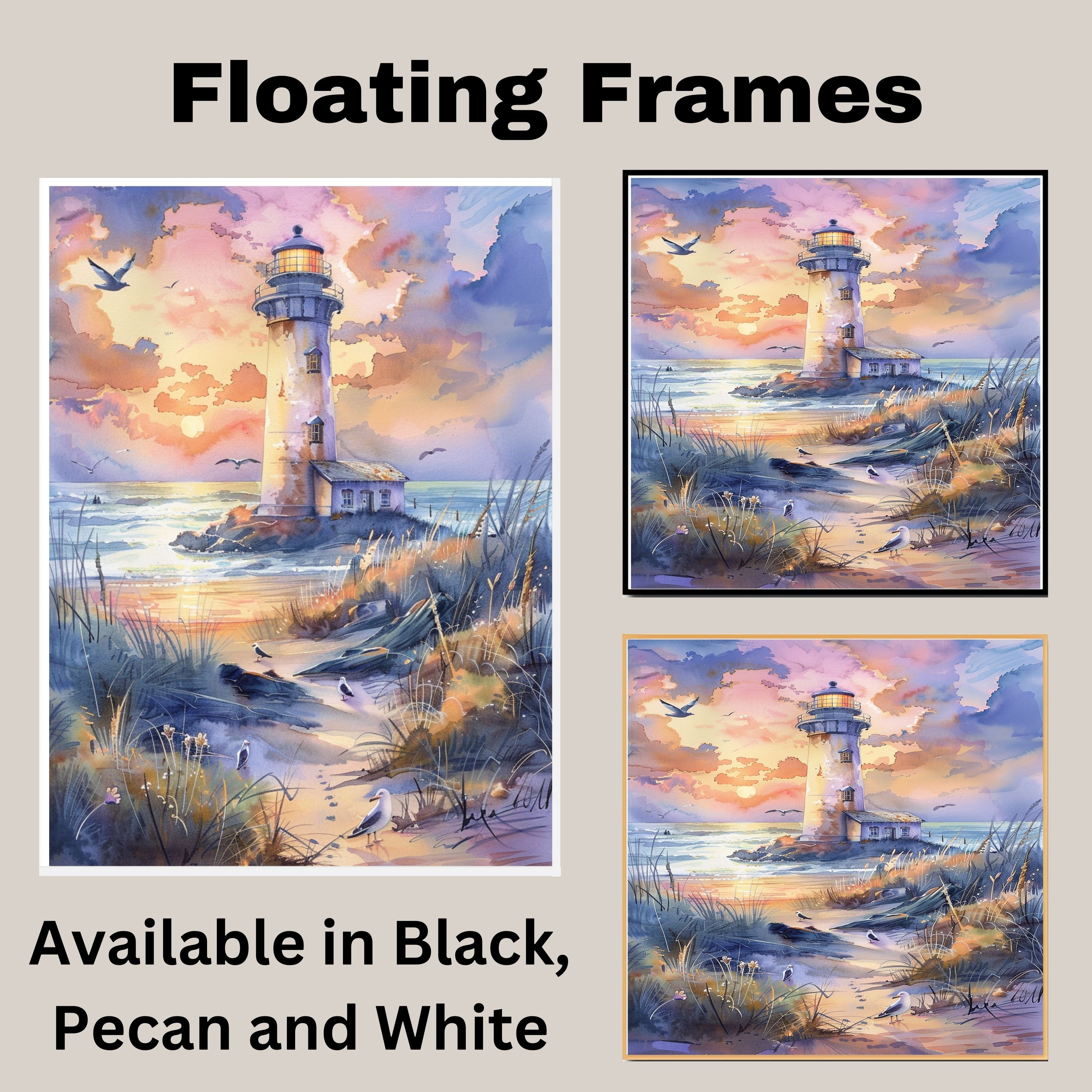 Charming Lighthouse by Ocean Shore at Sunset with Beach Path Seabirds and Colorful Sky in Serene Watercolor Scene on Ready to Hang 1.5" Thick Canvas Wrap, Floating Framed Canvas, Flat Rolled Canvas