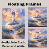 Charming Lighthouse by Ocean Shore at Sunset with Beach Path Seabirds and Colorful Sky in Serene Watercolor Scene on Ready to Hang 1.5" Thick Canvas Wrap, Floating Framed Canvas, Flat Rolled Canvas