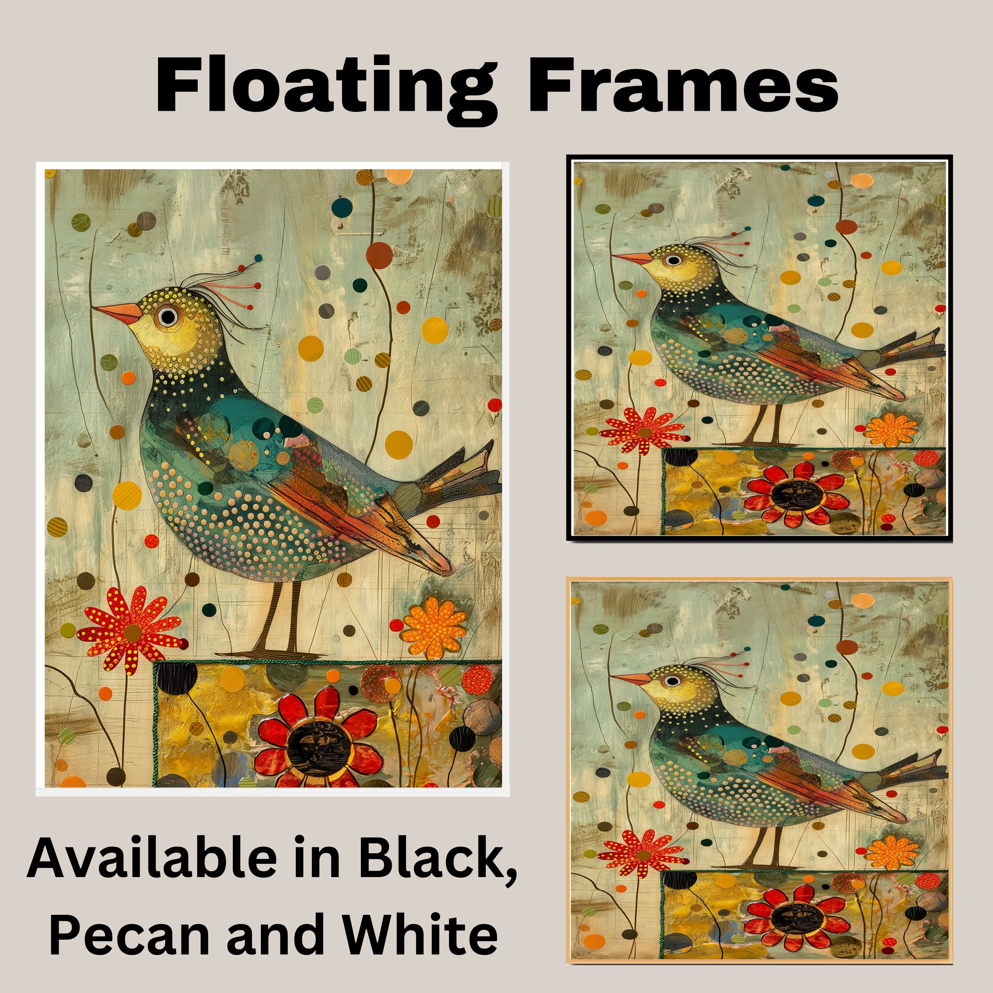 Charming Painting of a Whimsical Bird with Dotted Feathers and Abstract Flowers in Warm Earthy Colors Perfect for Nature Inspired or Eclectic Home Accents on Ready to Hang 1.5" Thick Canvas Wrap, Floating Framed Canvas, Flat Rolled Canvas