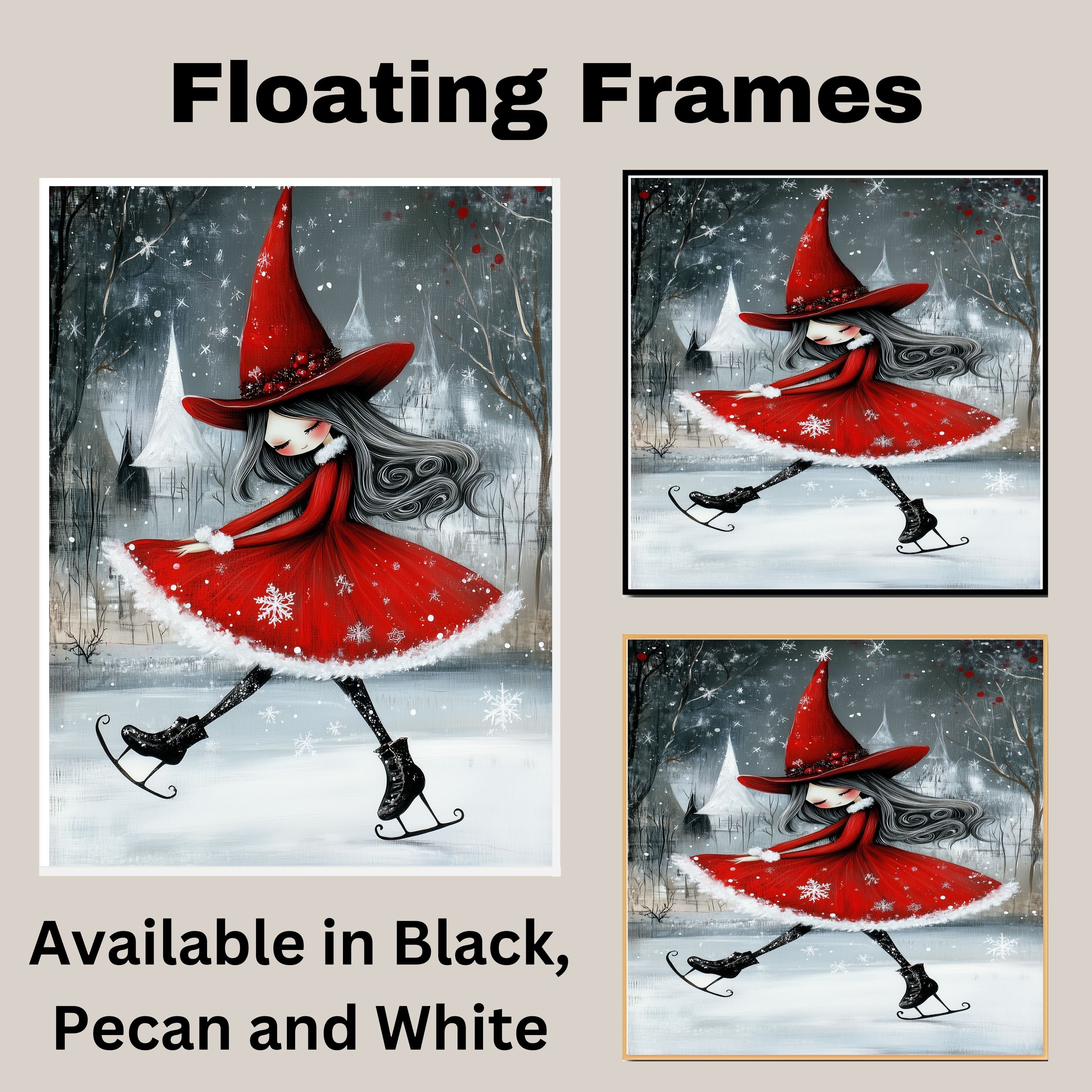 Whimsical Christmas Witch Ice Skating Art Print – Red Holiday Dress, Gothic Winter Magic Illustration, Enchanted Seasonal Wall Decor for Wiccan or Fairycore Vibes on Ready to Hang 1.5" Thick Canvas Wrap, Floating Framed Canvas, Flat Rolled Canvas
