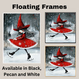 Whimsical Christmas Witch Ice Skating Art Print – Red Holiday Dress, Gothic Winter Magic Illustration, Enchanted Seasonal Wall Decor for Wiccan or Fairycore Vibes on Ready to Hang 1.5" Thick Canvas Wrap, Floating Framed Canvas, Flat Rolled Canvas