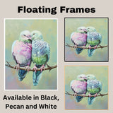 Colorful Lovebirds Sharing a Tender Moment on a Branch with Soft Pastel Background on Ready to Hang 1.5" Thick Canvas Wrap, Floating Framed Canvas, Flat Rolled Canvas