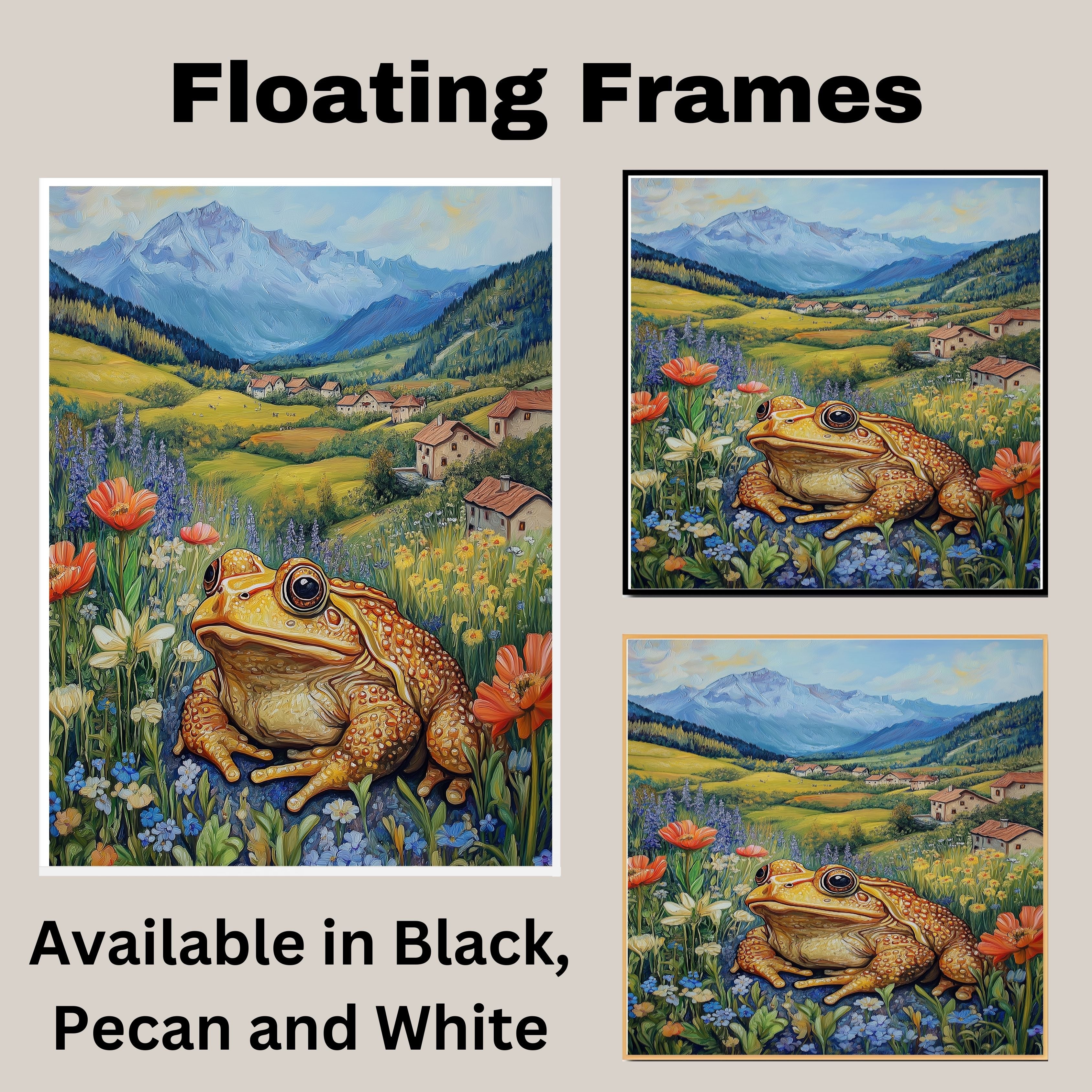 Cheerful Toad in Wildflower Meadow Bright Hand Painted Art Vibrant Countryside Scene Perfect for Home Wall Decor Living Room Bedroom Office or Nature Lovers on Ready to Hang 1.5" Thick Canvas Wrap, Floating Framed Canvas, Flat Rolled Canvas