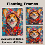 Playful Affection: Corgi in a Colorful Heart-Patterned Hoodie Whimsical Romantic Painting on Ready to Hang 1.5" Thick Canvas Wrap, Floating Framed Canvas, Flat Rolled Canvas