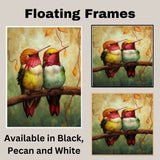Whimsical Hummingbird Pair Artwork Featuring Red and Green Plumage Perched on a Branch with Textured Earth-Toned Background and Delicate Autumn Leaves on Ready to Hang 1.5" Thick Canvas Wrap, Floating Framed Canvas, Flat Rolled Canvas