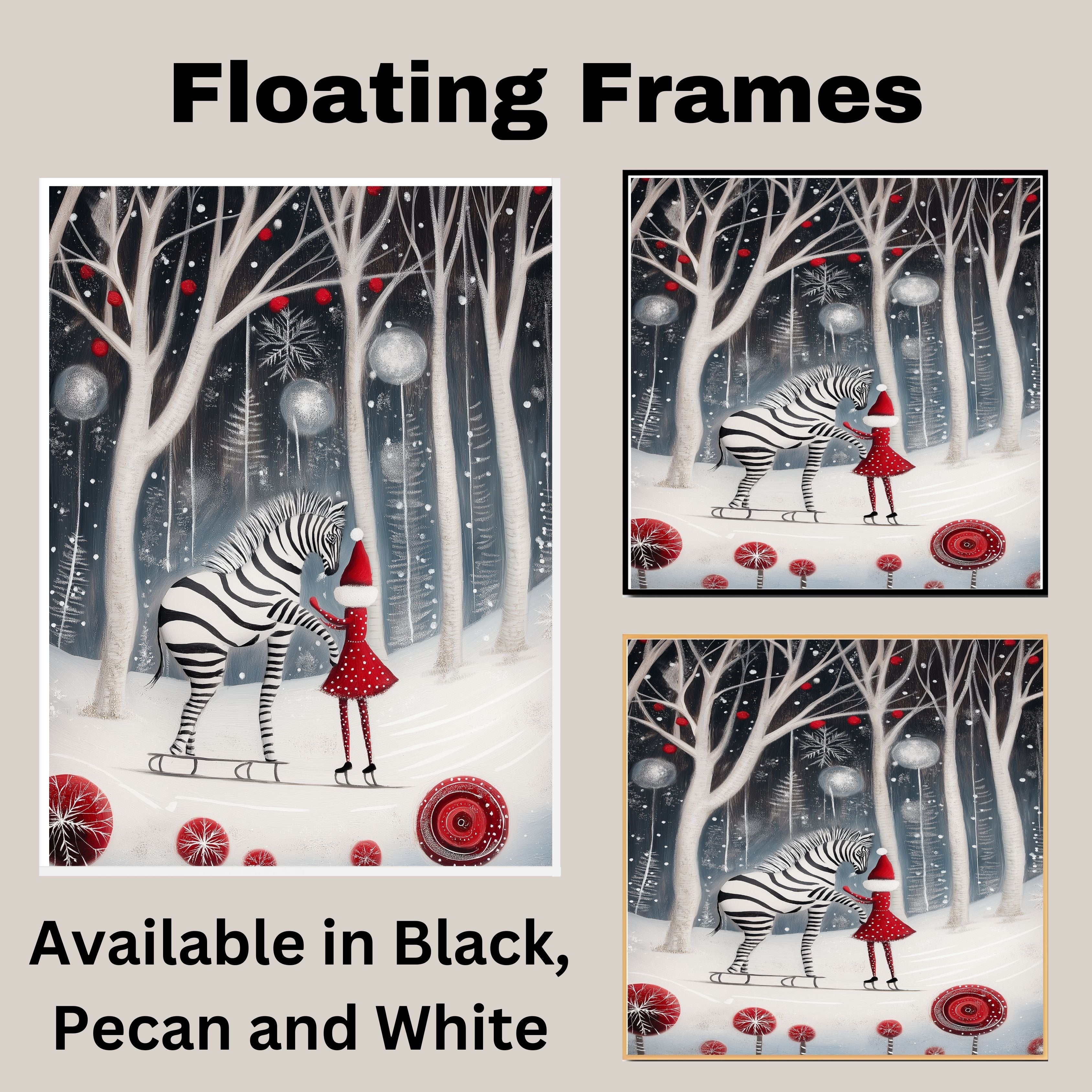 Enchanted Christmas Zebra Ice Skating Print – Whimsical Winter Art with Girl in Red Dress, Snowy Forest Holiday Decor, Fantasy Animal Illustration on Ready to Hang 1.5" Thick Canvas Wrap, Floating Framed Canvas, Flat Rolled Canvas