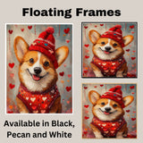 Love and Loyalty: Corgi in a Red Heart-Themed Top and Hat Adorable Romantic Painting on Ready to Hang 1.5" Thick Canvas Wrap, Floating Framed Canvas, Flat Rolled Canvas