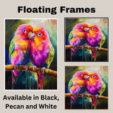 Bright Multicolor Lovebird Pair Artwork Featuring Pink Orange and Yellow Feathers Perched Closely on a Branch with Bold Expressive Brushstroke Background on Ready to Hang 1.5" Thick Canvas Wrap, Floating Framed Canvas, Flat Rolled Canvas