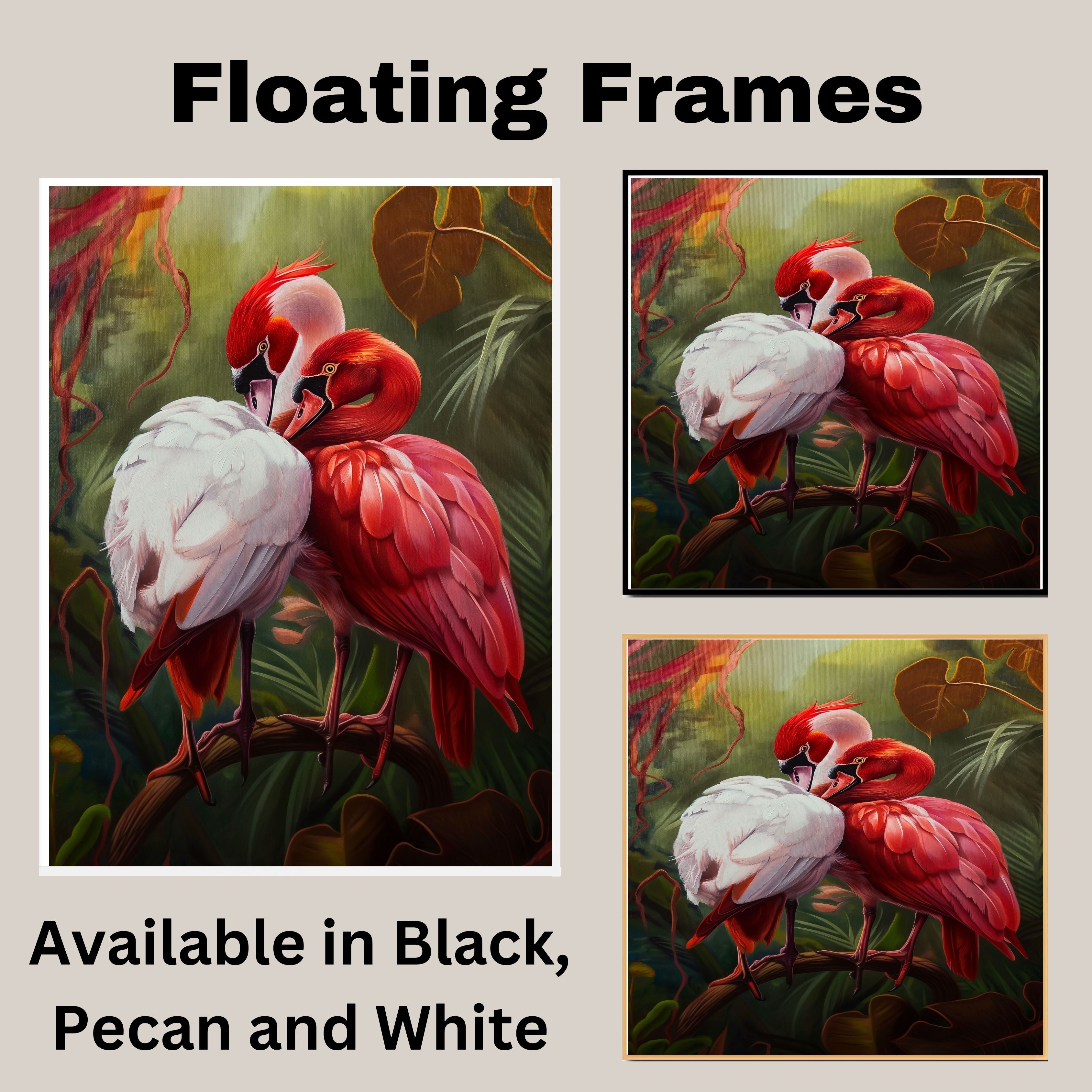 Elegant Flamingo Pair in Lush Jungle Setting with Red and White Plumage and Tropical Foliage Creating a Romantic and Exotic Wildlife Scene on Ready to Hang 1.5" Thick Canvas Wrap, Floating Framed Canvas, Flat Rolled Canvas