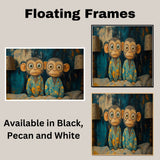 Whimsical Painting of Two Monkeys in Blue Floral Pajamas Sitting on a Bed Between Lamps with Playful Expressions and a Dark Teal Abstract Background on Ready to Hang 1.5" Thick Canvas Wrap, Floating Framed Canvas, Flat Rolled Canvas