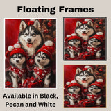 Festive Cheer: Siberian Husky Mom and Her Two Puppies in Cozy Sweaters on Ready to Hang 1.5" Thick Canvas Wrap, Floating Framed Canvas, Flat Rolled Canvas