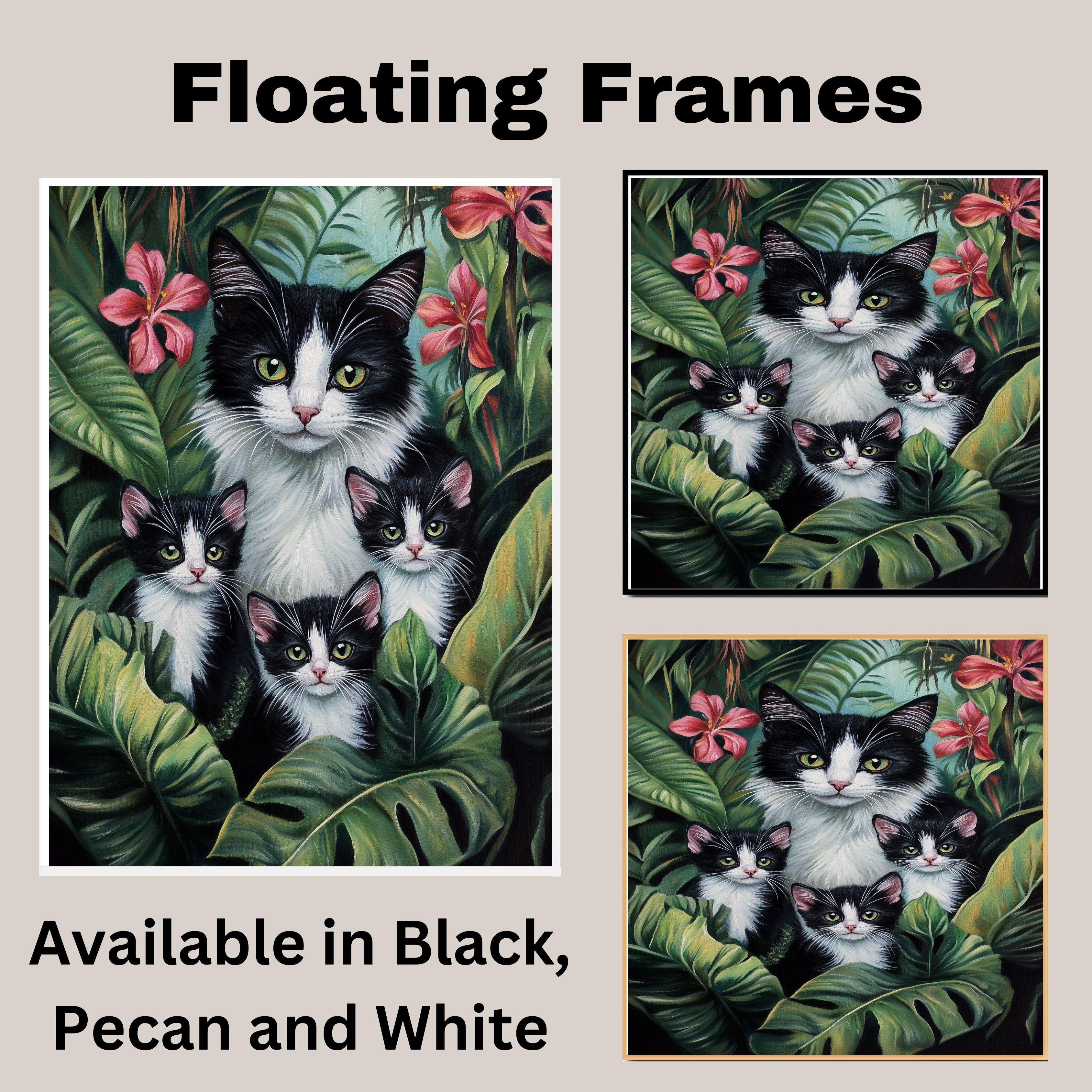 Paradise Paws: Tuxedo Mom and Three Kittens in a Tropical Forest on Ready to Hang 1.5" Thick Canvas Wrap, Floating Framed Canvas, Flat Rolled Canvas