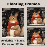 "Snowy Whimsy Squirrel" - Squirrel in Red Scarf Holding an Acorn in Winter Snow on Ready to Hang 1.5" Thick Canvas Wrap, Floating Framed Canvas, Flat Rolled Canvas